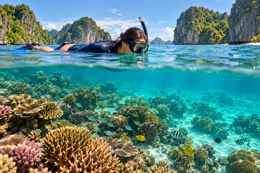 Concept visual of a snorkeler at the surface above a reef
