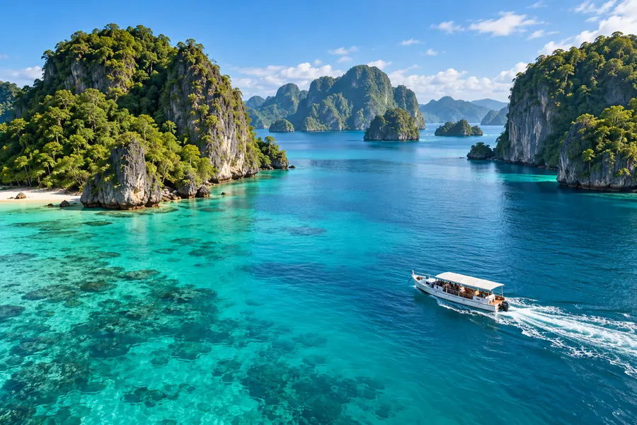 Concept visual of a trip boat crossing a lagoon among karst islands